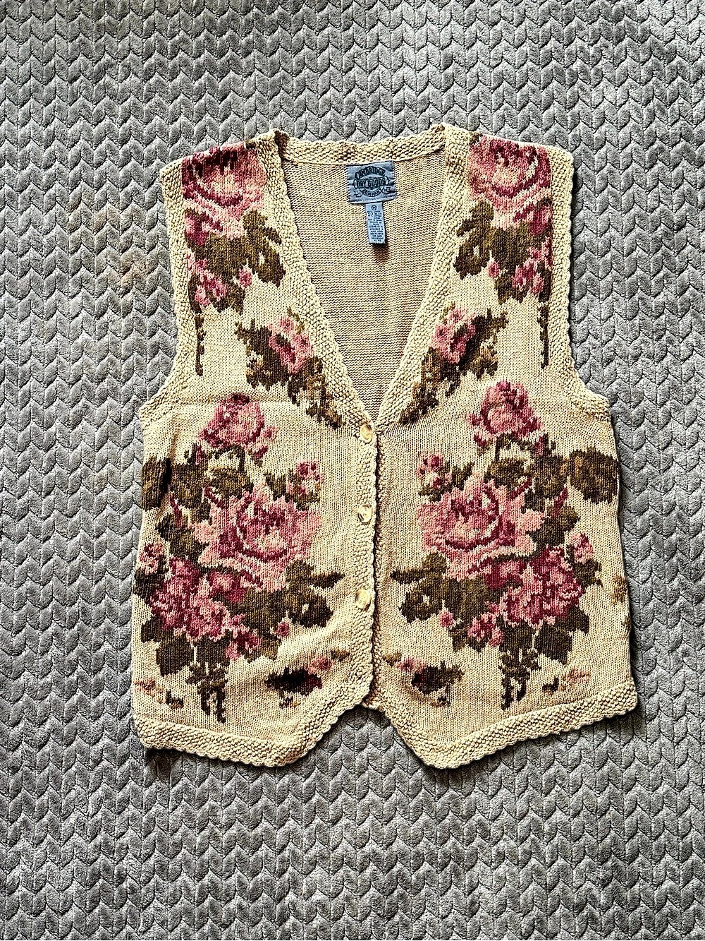 Women's Vintage Cambridge Dry Goods Floral Knit Vest Size M Linen Cotton